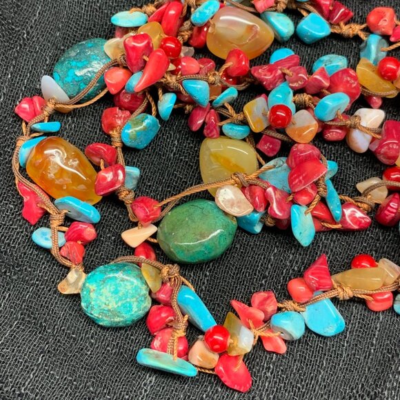Handmade Southwestern Style Beaded 3 Strand Necklace Turquoise Coral Agate J839 - Picture 2 of 7